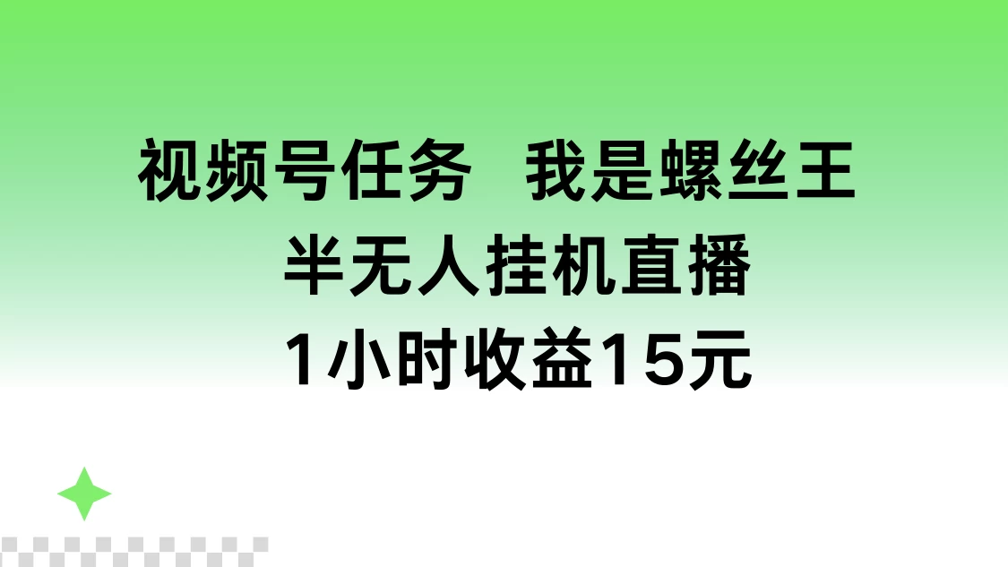 视频号任务，我是螺丝王， 半无人挂机1小时收益15元 - 友友资源