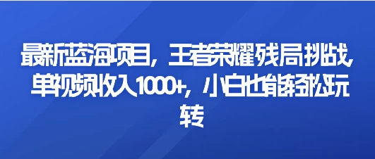最新蓝海项目，王者荣耀残局挑战，单视频收入1000+，小白也能轻松玩转 - 友友资源