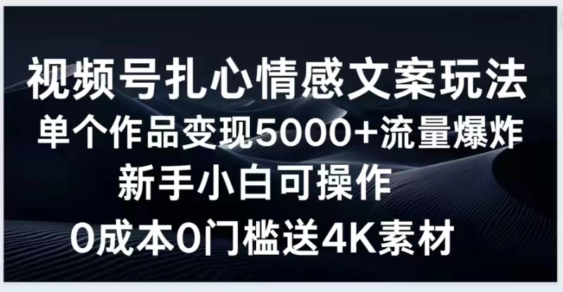 视频号扎心情感文案玩法，单个作品变现5000+，流量爆炸，两分钟一条作品，新手小白可操作，0成本0门褴送4K素材送工具 - 友友资源