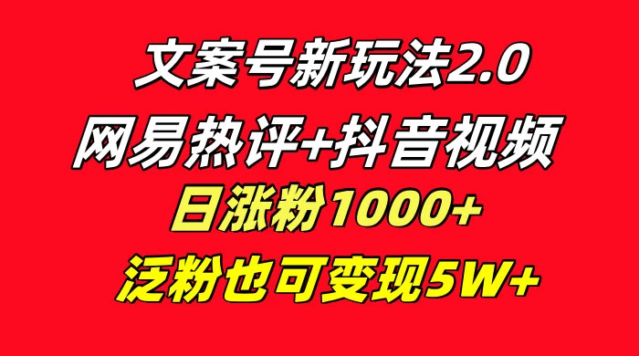 文案号新玩法，网易热评+抖音文案 一周轻松涨粉 5W+ 多种变现模式 - 友友资源