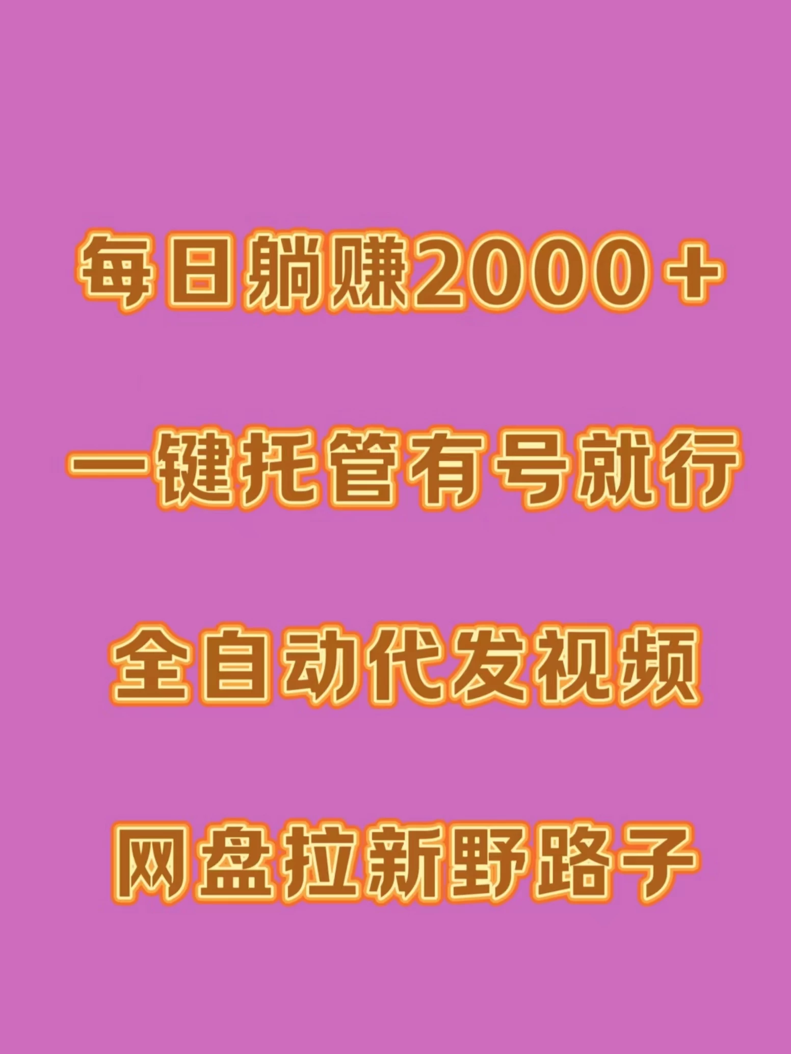 每日躺赚2000＋，一键托管有号就行，全自动代发视频，网盘拉新野路子 - 友友资源
